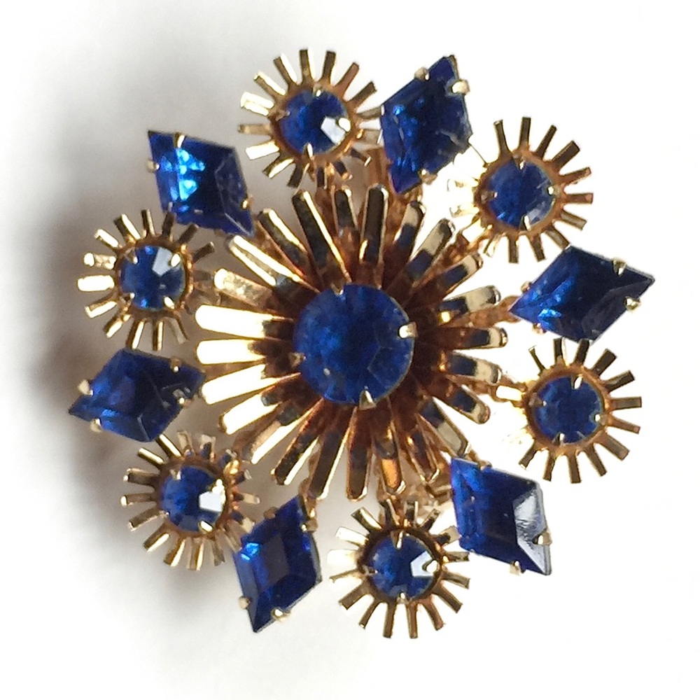 Vintage Dramatic Floral Blue Rhinestone Brooch